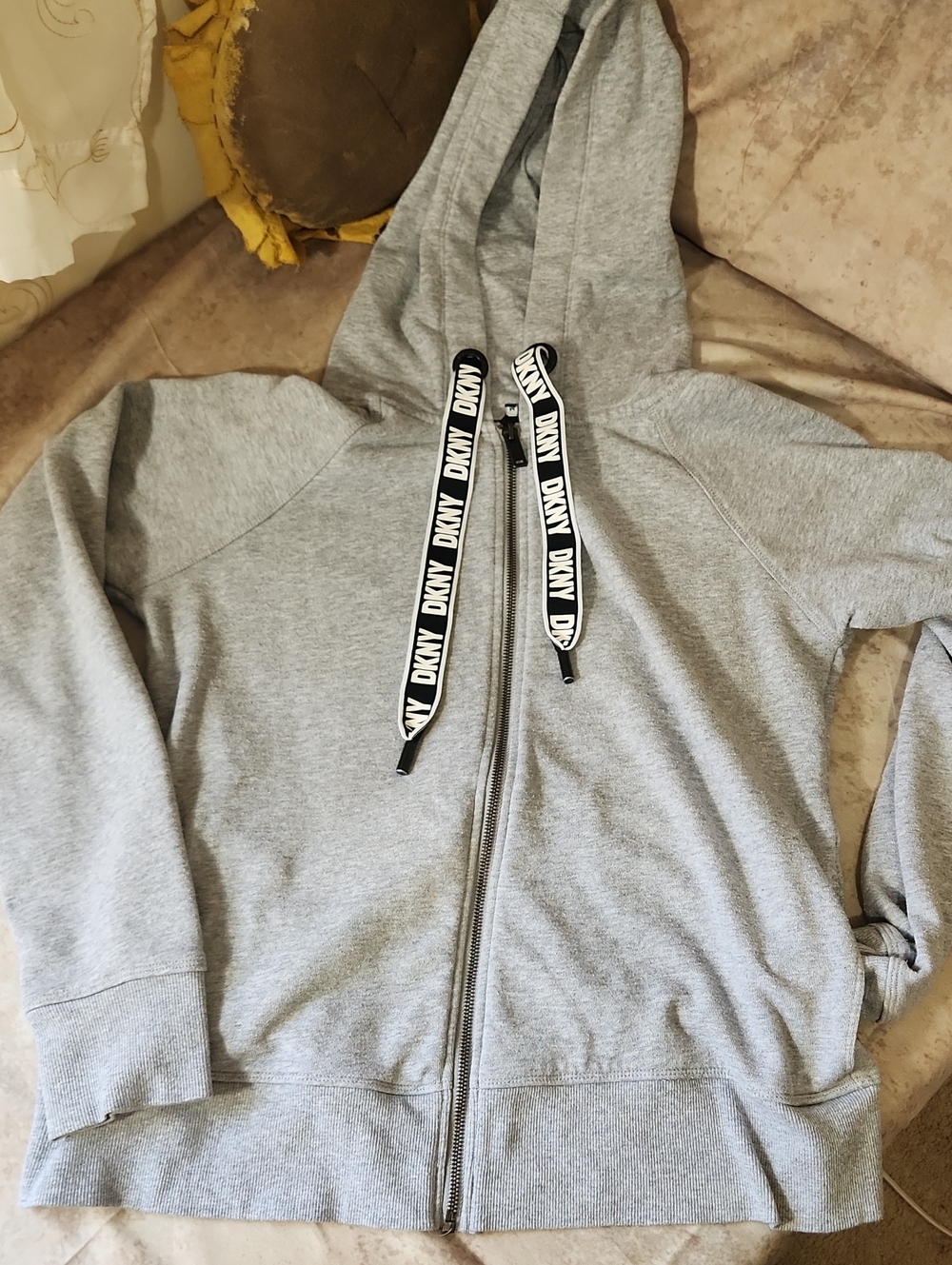 Dkny Light Gray Full-Zip Hoodie with Branded Black Drawcords